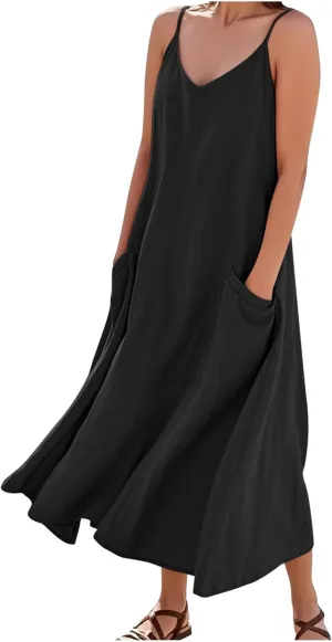 Casual Dresses for Women Flowy Casual Cami Dress Beach Vacation Sleeveless Long Sundresses with Pockets