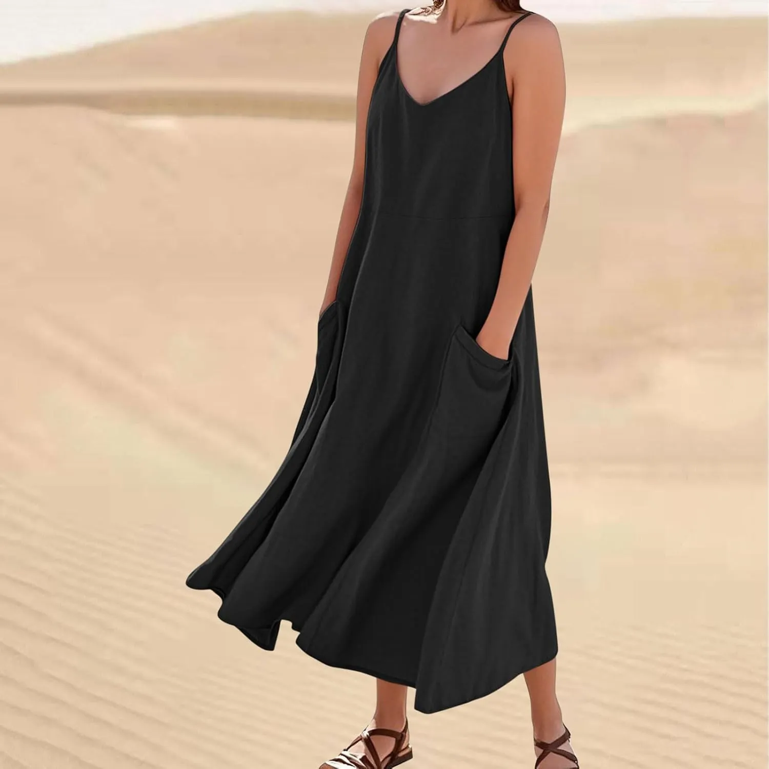 Casual Dresses for Women Flowy Casual Cami Dress Beach Vacation Sleeveless Long Sundresses with Pockets