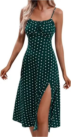 Casual Dresses for Women Summer Spaghetti Strap Split Midi Sundress Elegant Trendy Boho Polka Dot Dress