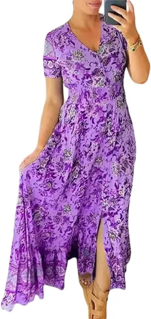 Casual Printed V Neck Dress for Women Short Sleeve Floral Elastic Waist Wrap Boho Dress