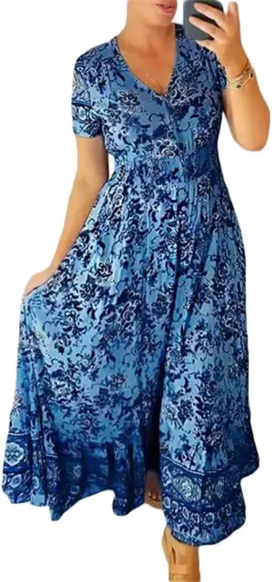 Casual Printed V Neck Dress for Women Short Sleeve Floral Elastic Waist Wrap Boho Dress