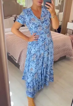 Casual Printed V Neck Dress for Women Short Sleeve Floral Elastic Waist Wrap Boho Dress