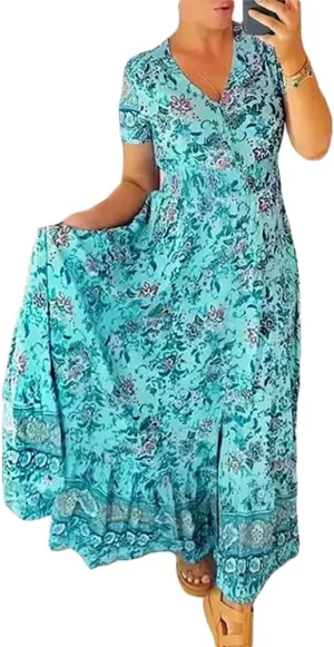 Casual Printed V Neck Dress for Women Short Sleeve Floral Elastic Waist Wrap Boho Dress