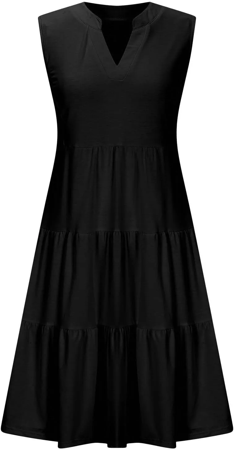 Casual Summer Dresses for Women 2025 Beach Vacation Mini Dresses with Pockets Sleeveless V Neck Ruffle Dresses