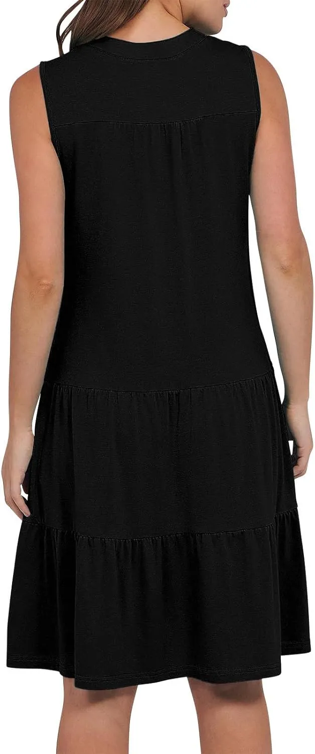 Casual Summer Dresses for Women 2025 Beach Vacation Mini Dresses with Pockets Sleeveless V Neck Ruffle Dresses