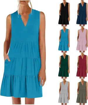 Casual Summer Dresses for Women 2025 Beach Vacation Mini Dresses with Pockets Sleeveless V Neck Ruffle Dresses