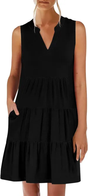 Casual Summer Dresses for Women 2025 Beach Vacation Mini Dresses with Pockets Sleeveless V Neck Ruffle Dresses