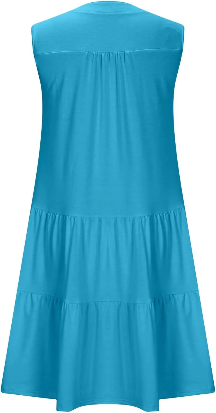 Casual Summer Dresses for Women 2025 Beach Vacation Mini Dresses with Pockets Sleeveless V Neck Ruffle Dresses