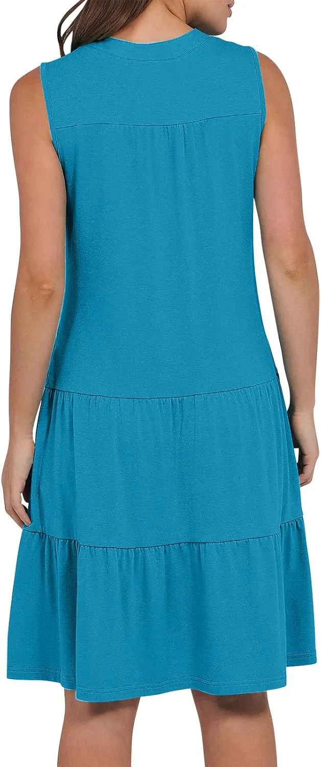 Casual Summer Dresses for Women 2025 Beach Vacation Mini Dresses with Pockets Sleeveless V Neck Ruffle Dresses