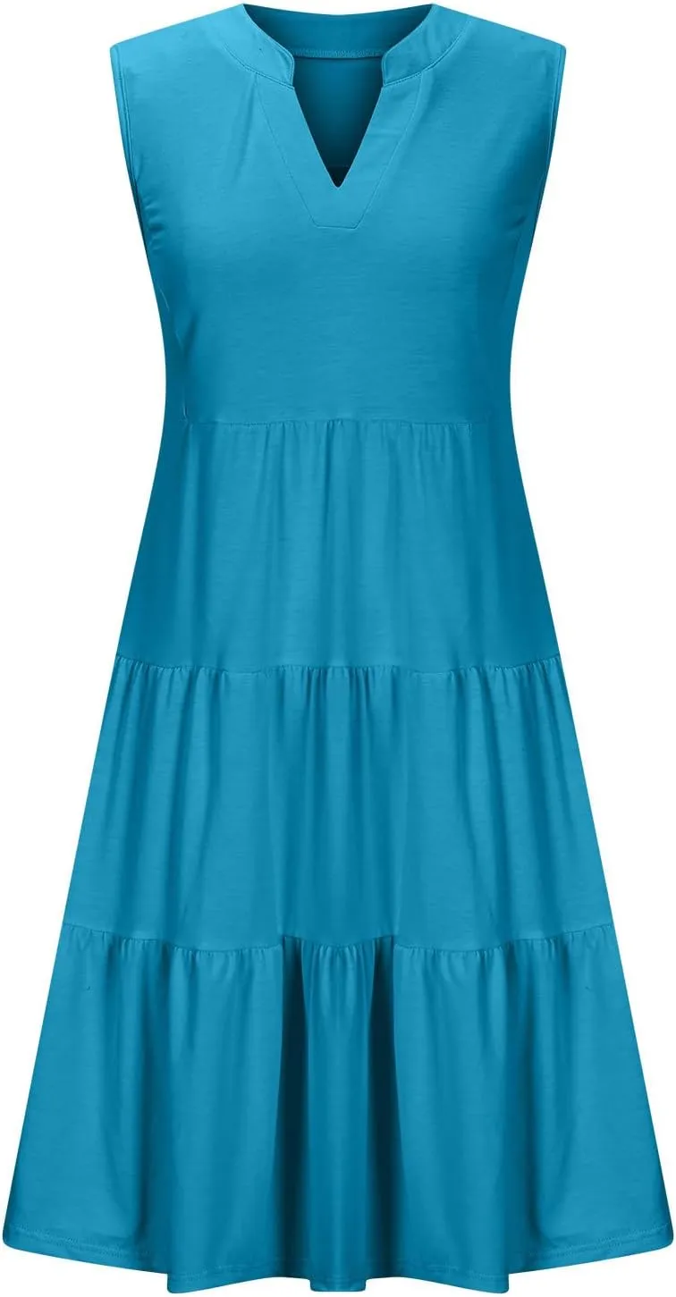 Casual Summer Dresses for Women 2025 Beach Vacation Mini Dresses with Pockets Sleeveless V Neck Ruffle Dresses
