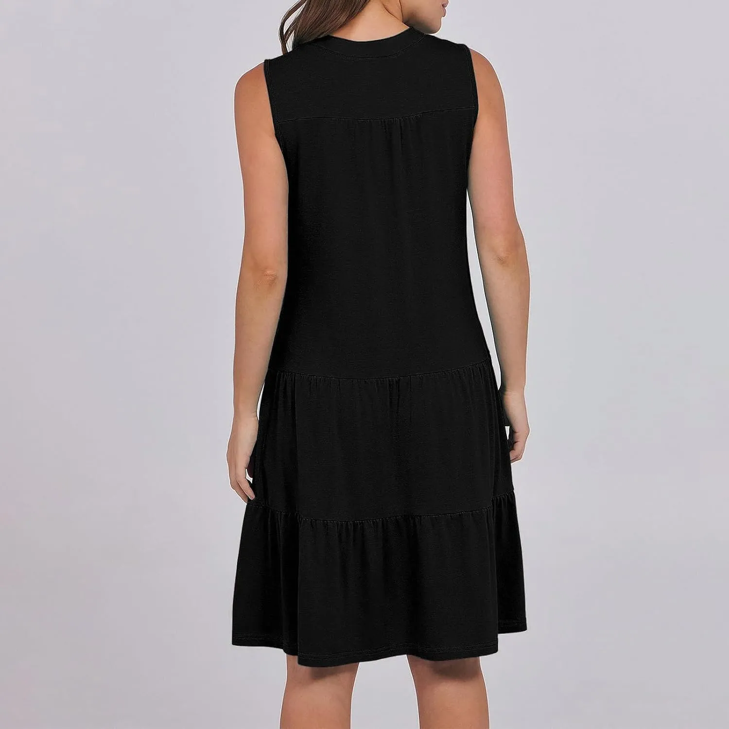 Casual Summer Dresses for Women 2025 Beach Vacation Mini Dresses with Pockets Sleeveless V Neck Ruffle Dresses