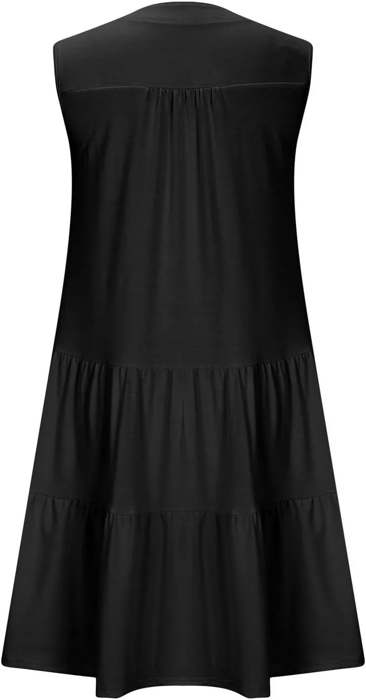Casual Summer Dresses for Women 2025 Beach Vacation Mini Dresses with Pockets Sleeveless V Neck Ruffle Dresses