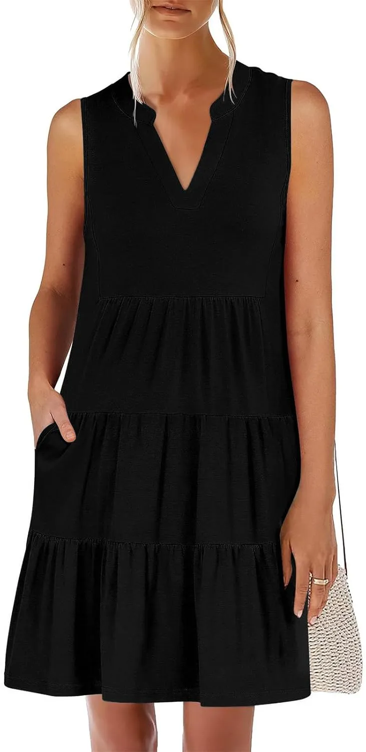 Casual Summer Dresses for Women 2025 Beach Vacation Mini Dresses with Pockets Sleeveless V Neck Ruffle Dresses