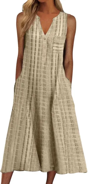 Casual Summer Dresses for Women Stripe Button V Neck Sleeveless with Pocket Long Dresses Holiday Beach Party Midi Dress