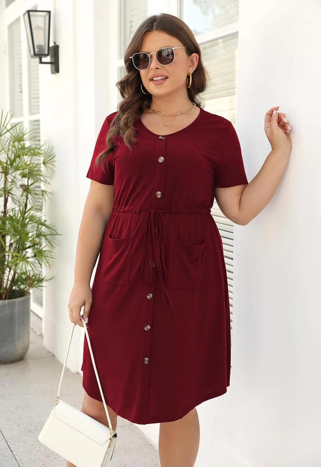 Celkuser Plus Size Summer Casual Midi Dresses for Women Short Sleeve V-Neck A-Line Dress with Belt and Pockets 2024