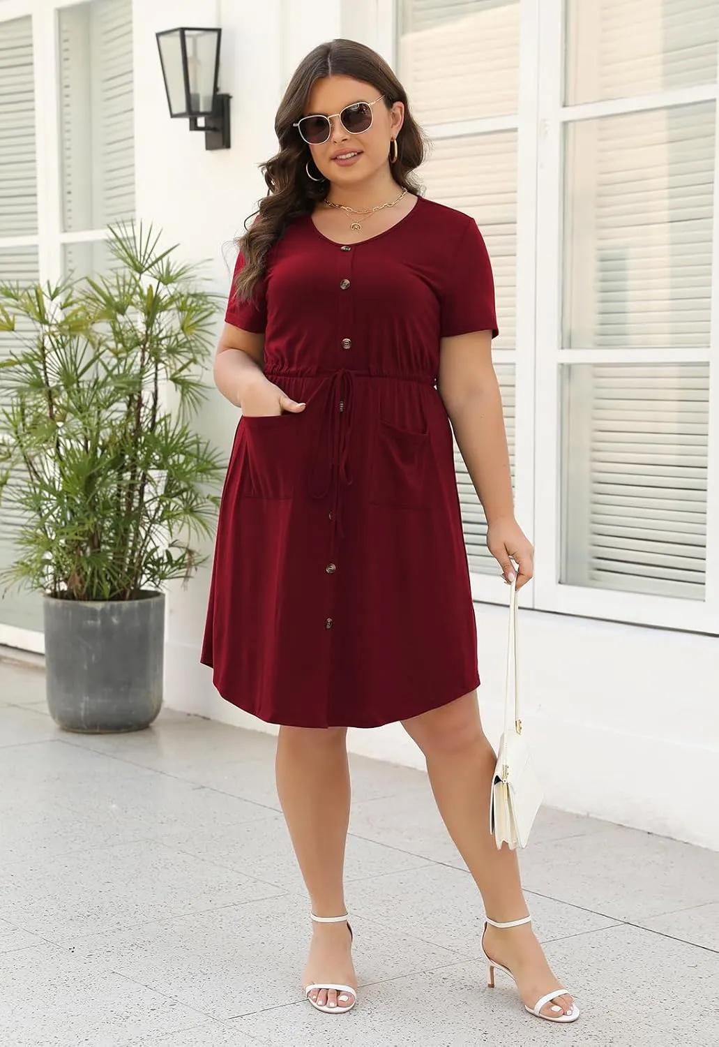 Celkuser Plus Size Summer Casual Midi Dresses for Women Short Sleeve V-Neck A-Line Dress with Belt and Pockets 2024
