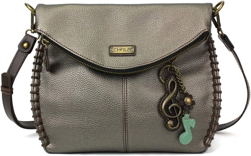 CHALA Charming Crossbody Bag Shoulder Handbag With Flap Top and Purse Charm - Pewter