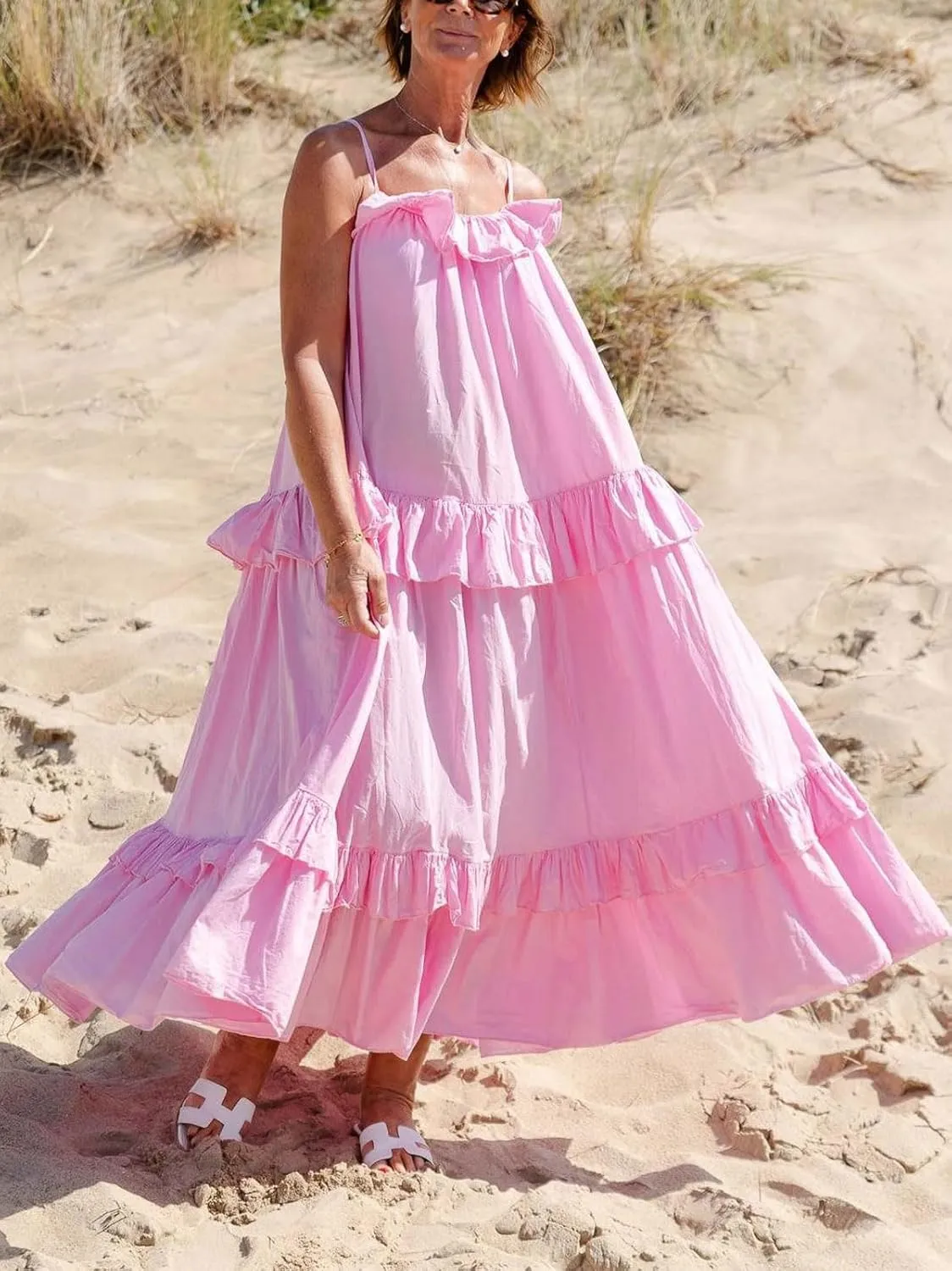 CHARTOU Women's Ruffle Maxi Beach Dress Flowy Long Sleeveless Tiered Lace Up Spaghetti Strap Summer Sundress