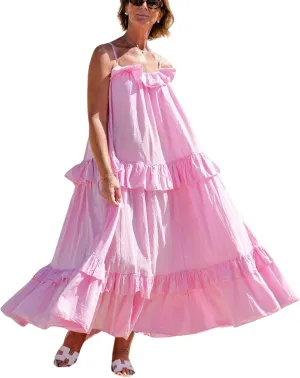 CHARTOU Women's Ruffle Maxi Beach Dress Flowy Long Sleeveless Tiered Lace Up Spaghetti Strap Summer Sundress