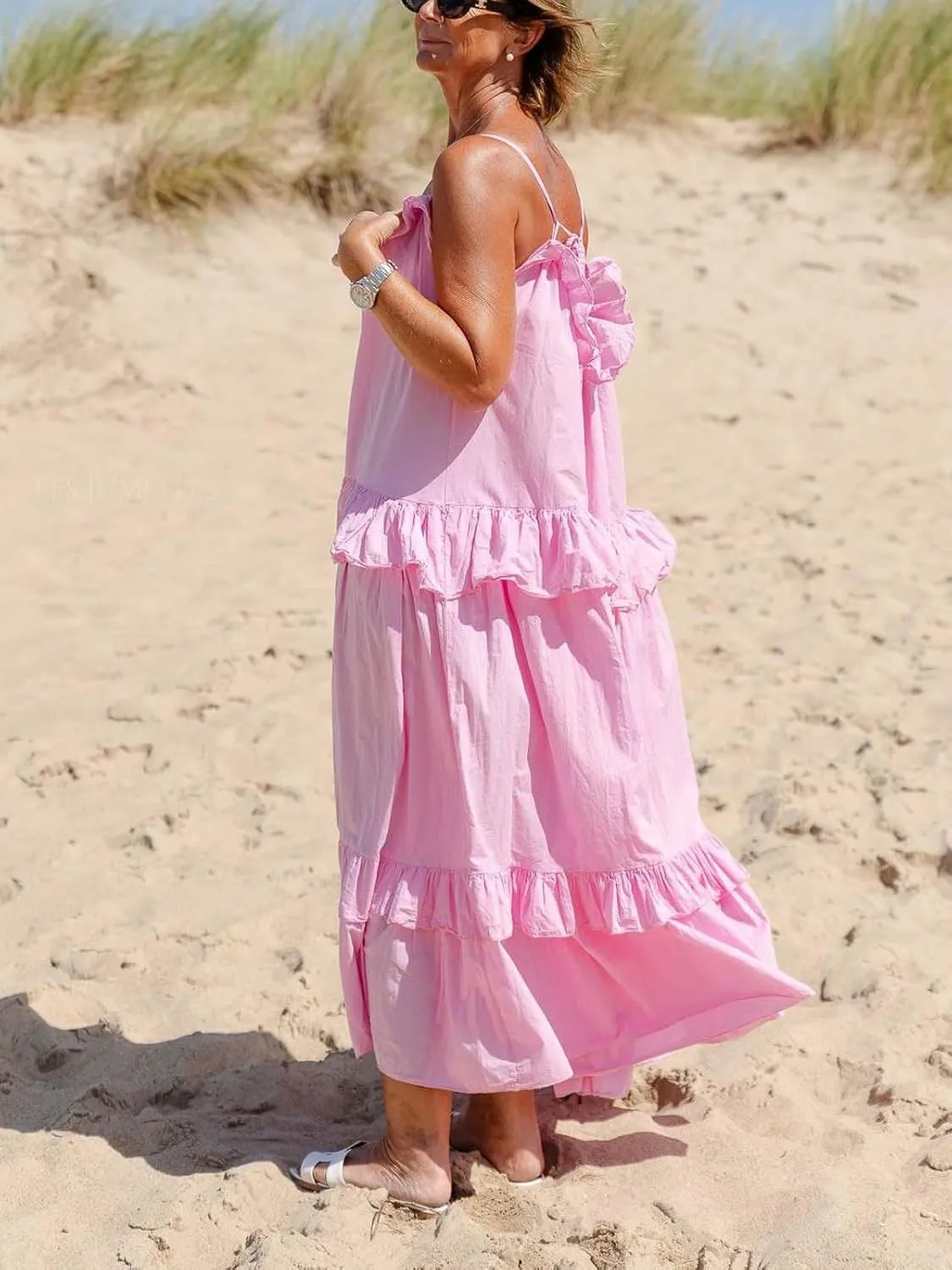CHARTOU Women's Ruffle Maxi Beach Dress Flowy Long Sleeveless Tiered Lace Up Spaghetti Strap Summer Sundress