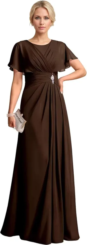 Chiffon Beading Mother of The Bride Dresses for Women 2025 Long Scoop Neck Formal Dress with Sleeves