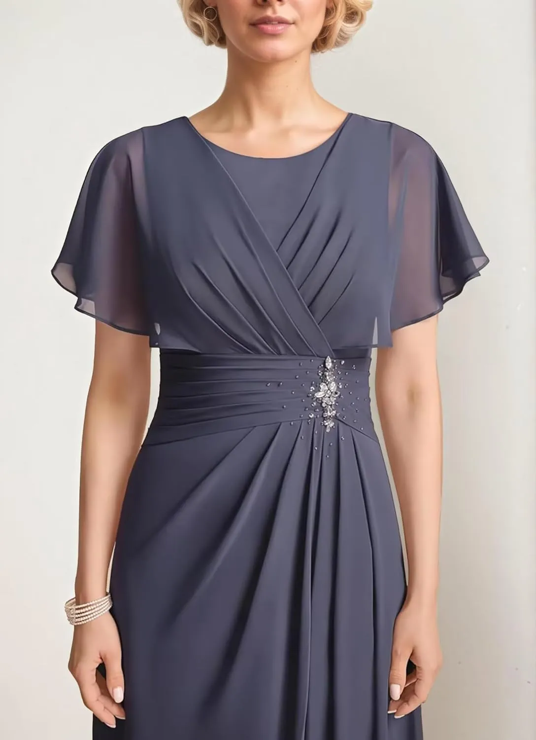 Chiffon Beading Mother of The Bride Dresses for Women 2025 Long Scoop Neck Formal Dress with Sleeves