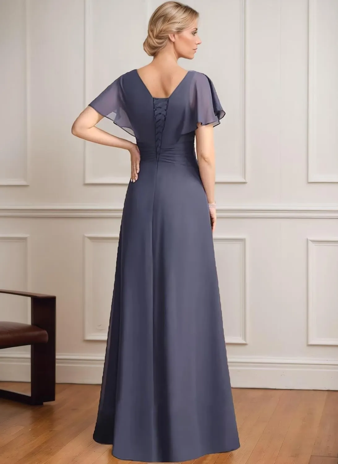 Chiffon Beading Mother of The Bride Dresses for Women 2025 Long Scoop Neck Formal Dress with Sleeves
