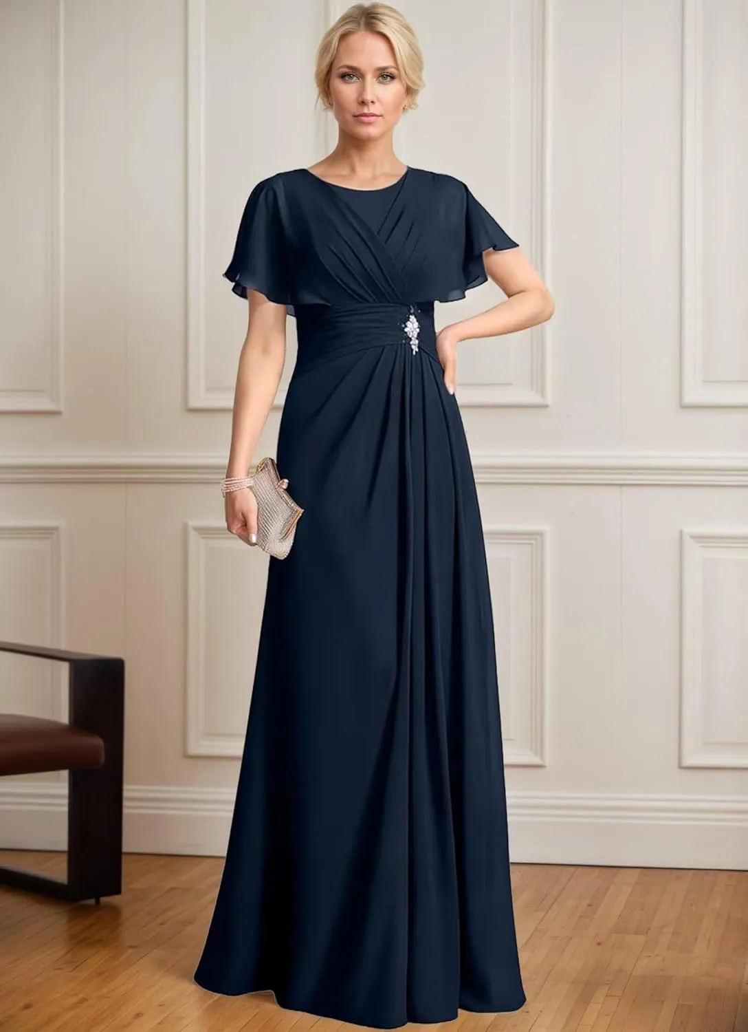 Chiffon Beading Mother of The Bride Dresses for Women 2025 Long Scoop Neck Formal Dress with Sleeves