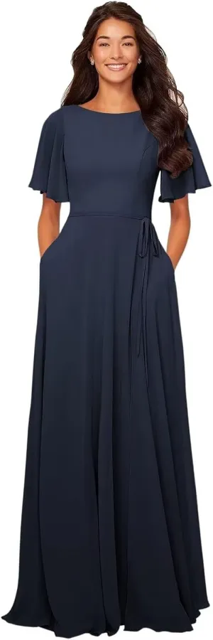 Chiffon Mother of The Bride Dressese Long A-Line Short Flutter Sleeves Formal Evening Dress with Sash