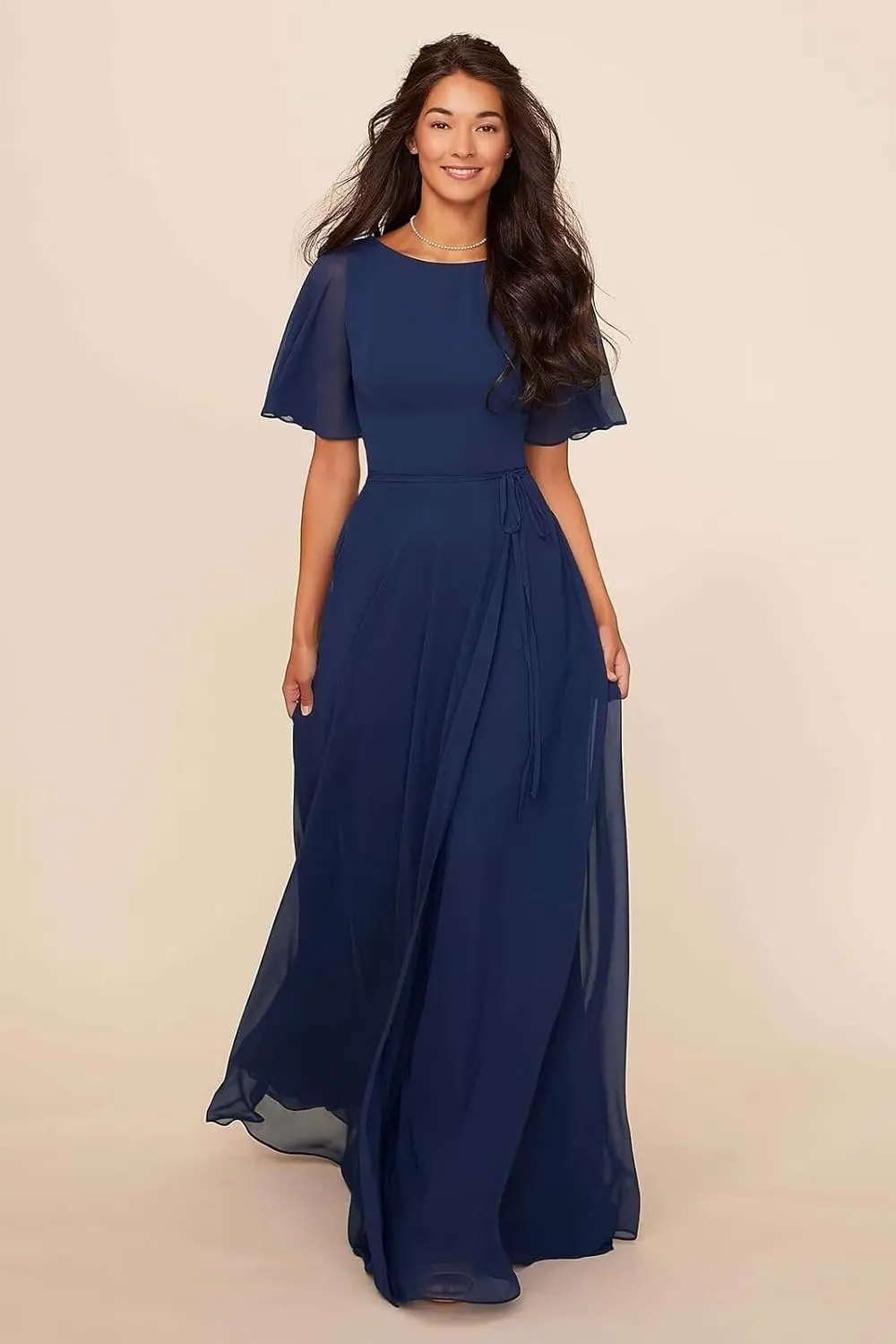 Chiffon Mother of The Bride Dressese Long A-Line Short Flutter Sleeves Formal Evening Dress with Sash