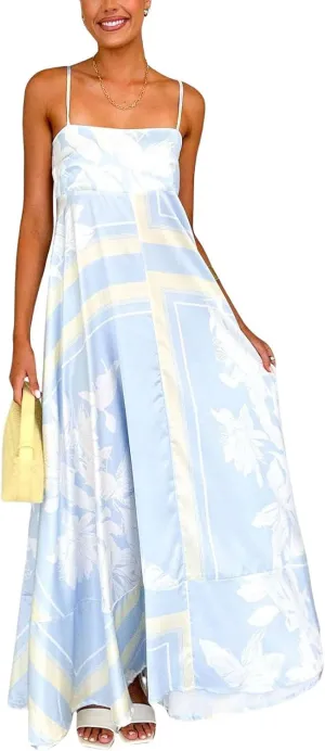 chouyatou Women's Bohemian Floral Print Back Smocked Maxi Dress Sexy Spaghetti Strap Ruffle Swing Beach Long Dress
