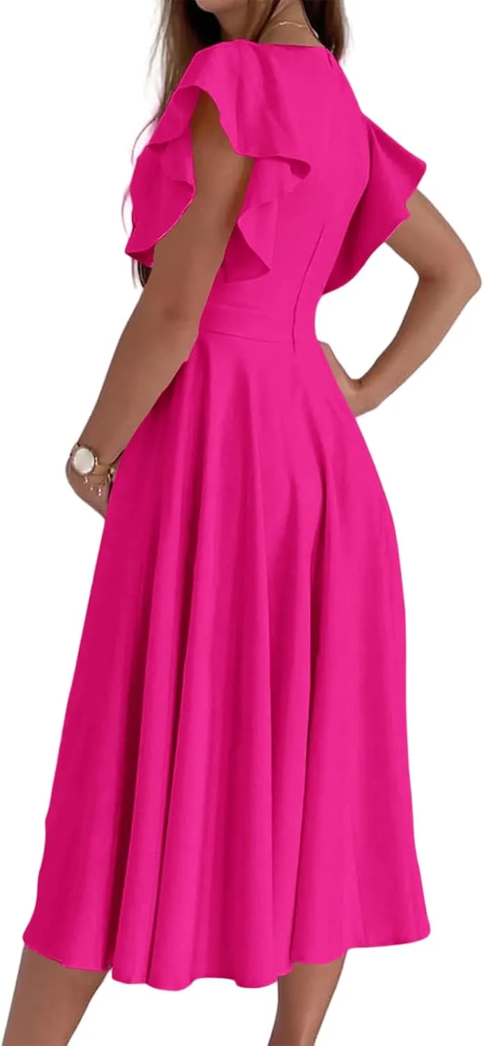 Cocktail Dresses for Women 2025 Wedding Guest Dress Ruffle Cap Sleeve Formal Dresses Wrap V Neck A-Line Midi Dress