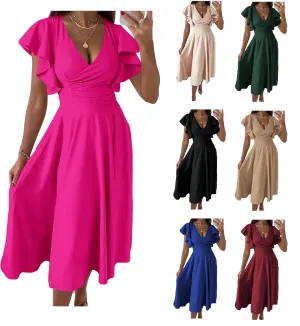 Cocktail Dresses for Women 2025 Wedding Guest Dress Ruffle Cap Sleeve Formal Dresses Wrap V Neck A-Line Midi Dress