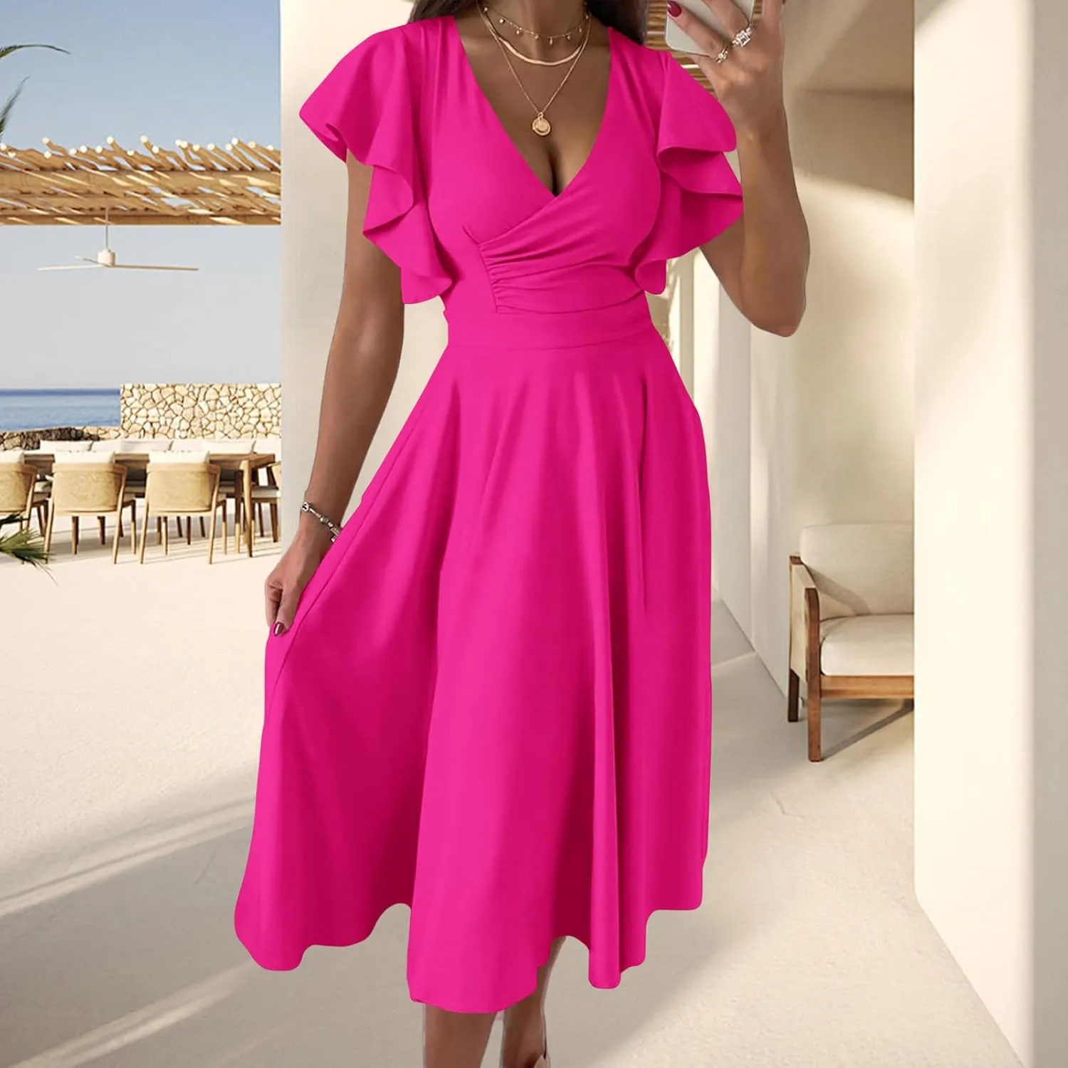 Cocktail Dresses for Women 2025 Wedding Guest Dress Ruffle Cap Sleeve Formal Dresses Wrap V Neck A-Line Midi Dress