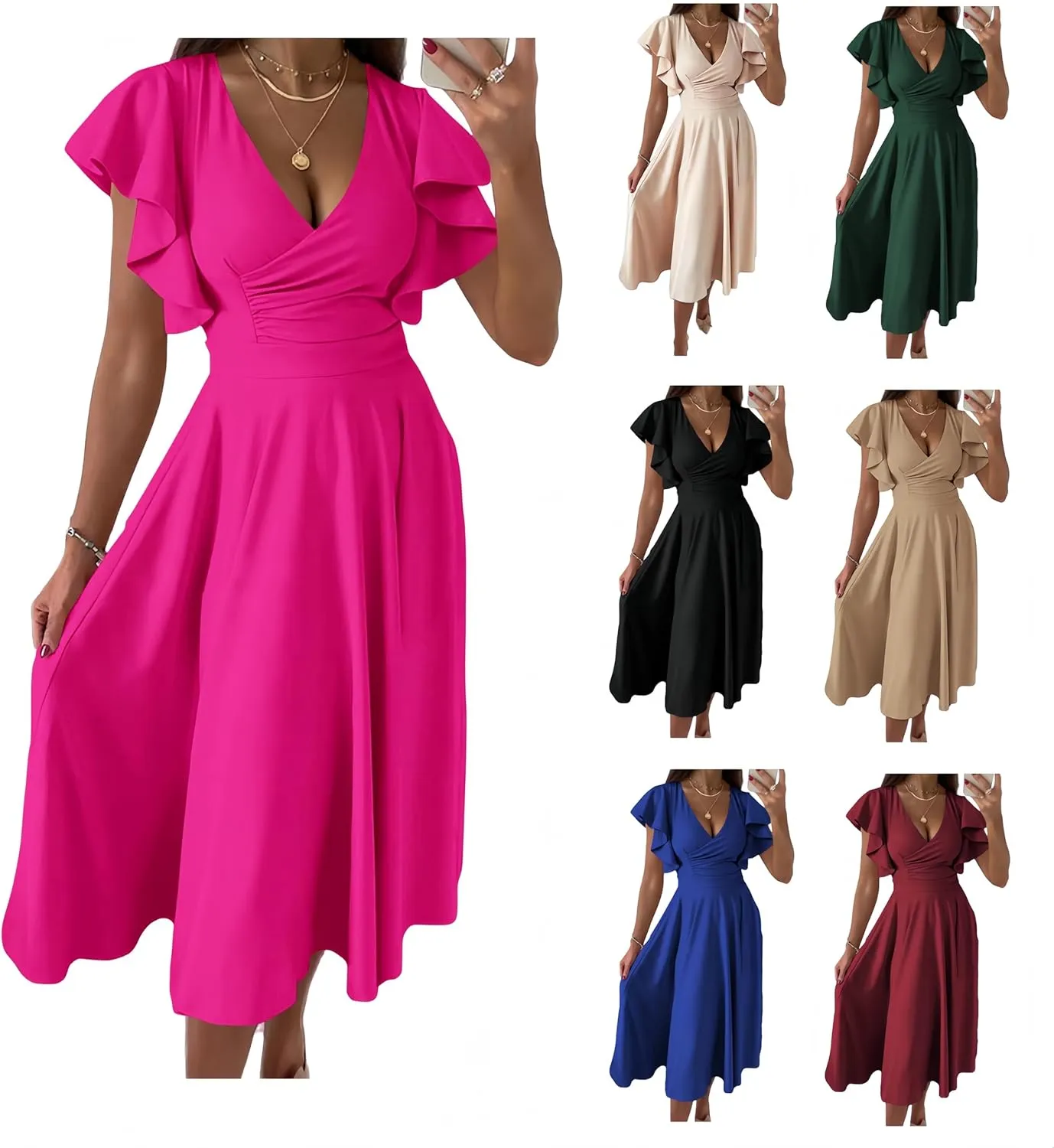 Cocktail Dresses for Women 2025 Wedding Guest Dress Ruffle Cap Sleeve Formal Dresses Wrap V Neck A-Line Midi Dress