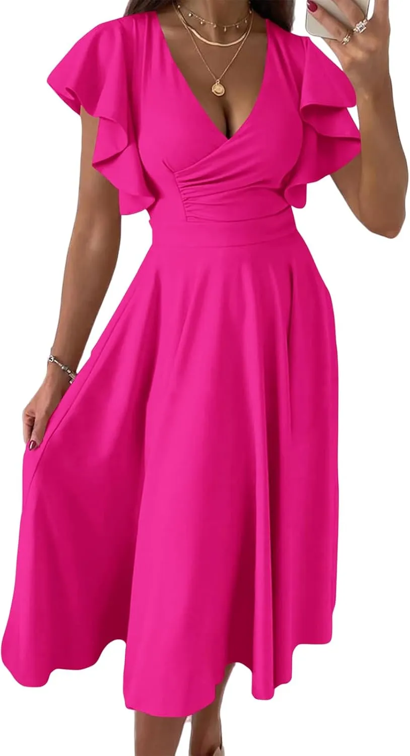 Cocktail Dresses for Women 2025 Wedding Guest Dress Ruffle Cap Sleeve Formal Dresses Wrap V Neck A-Line Midi Dress
