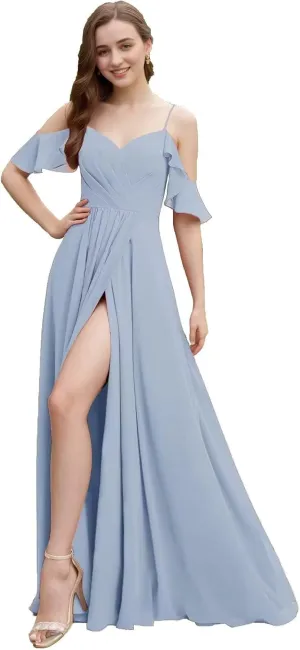 Cold Shoulder Bridesmaid Dresses for Wedding Long Chiffon Ruffle Sleeve Formal Dresses for Women 2025 with Side Slit
