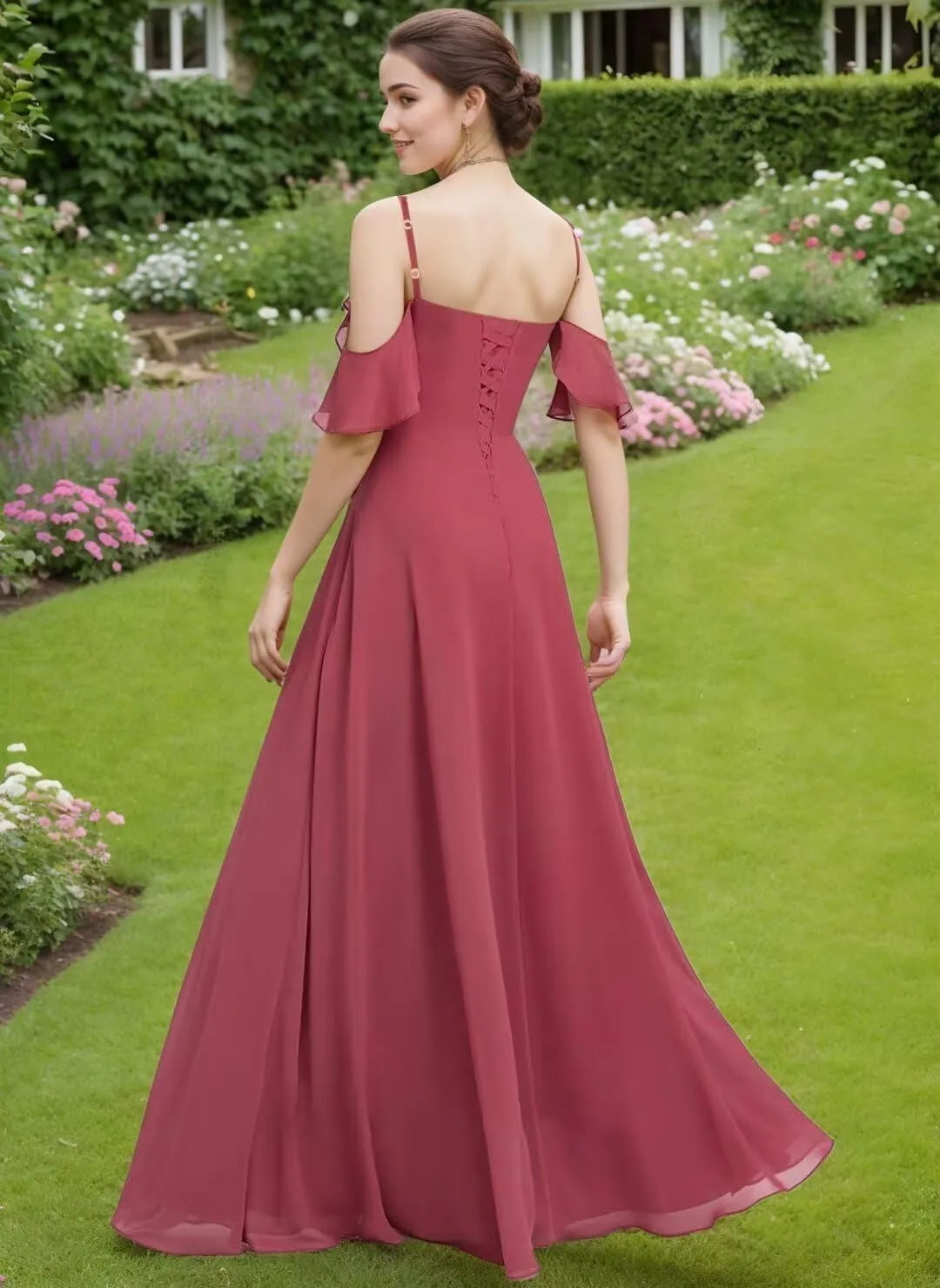 Cold Shoulder Bridesmaid Dresses for Wedding Long Chiffon Ruffle Sleeve Formal Dresses for Women 2025 with Side Slit