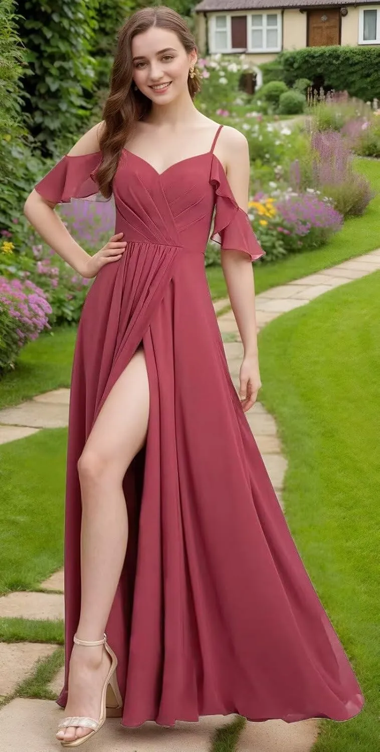 Cold Shoulder Bridesmaid Dresses for Wedding Long Chiffon Ruffle Sleeve Formal Dresses for Women 2025 with Side Slit