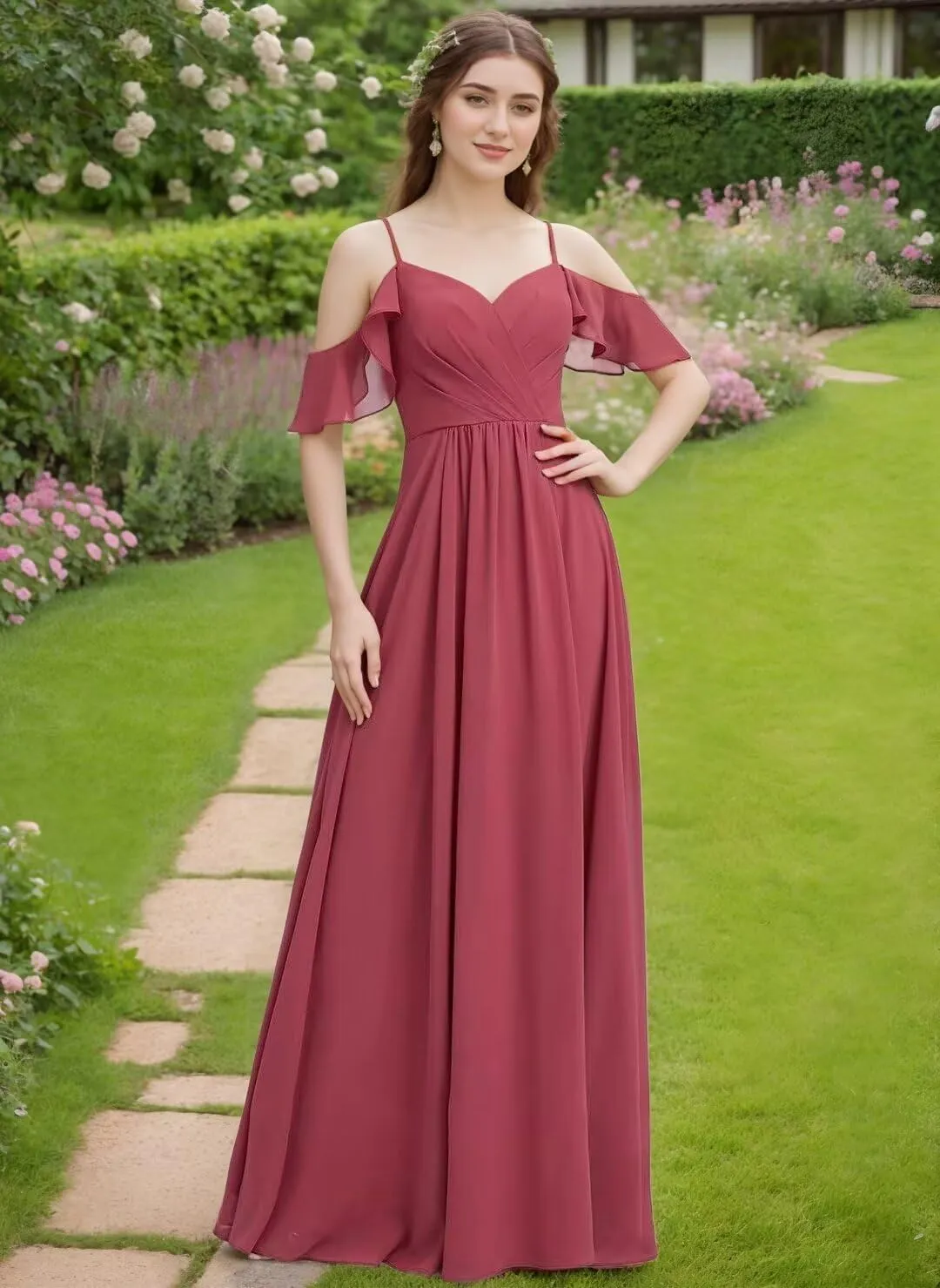 Cold Shoulder Bridesmaid Dresses for Wedding Long Chiffon Ruffle Sleeve Formal Dresses for Women 2025 with Side Slit