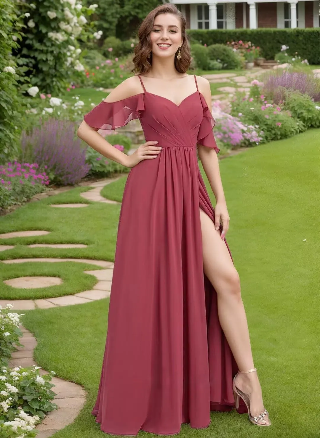 Cold Shoulder Bridesmaid Dresses for Wedding Long Chiffon Ruffle Sleeve Formal Dresses for Women 2025 with Side Slit