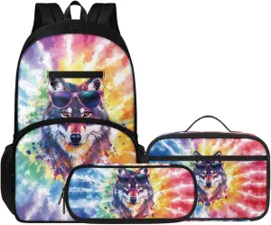 Cool 3 Pcs Dazzling Wolf Backpack Set, Multi-Functional Laptop Bag 17 In Water Resistant Travel Daypack, Large Capacity Double Shoulder Backpack With Lunch Bag