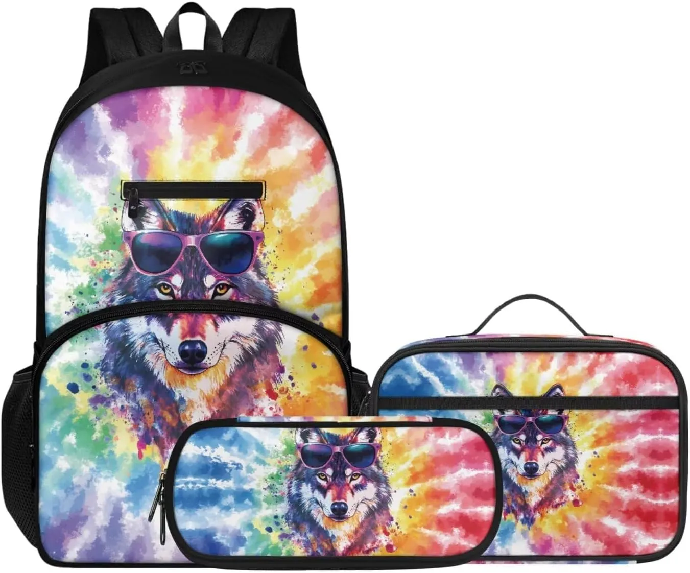 Cool 3 Pcs Dazzling Wolf Backpack Set, Multi-Functional Laptop Bag 17 In Water Resistant Travel Daypack, Large Capacity Double Shoulder Backpack With Lunch Bag