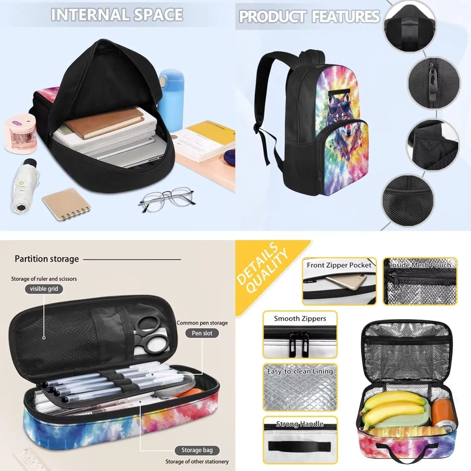 Cool 3 Pcs Dazzling Wolf Backpack Set, Multi-Functional Laptop Bag 17 In Water Resistant Travel Daypack, Large Capacity Double Shoulder Backpack With Lunch Bag