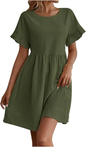 Cotton Linen Dresses for Women Casual Ruffle Sleeve Beach Dress Summer Round Neck A-Line Pleated Sundress