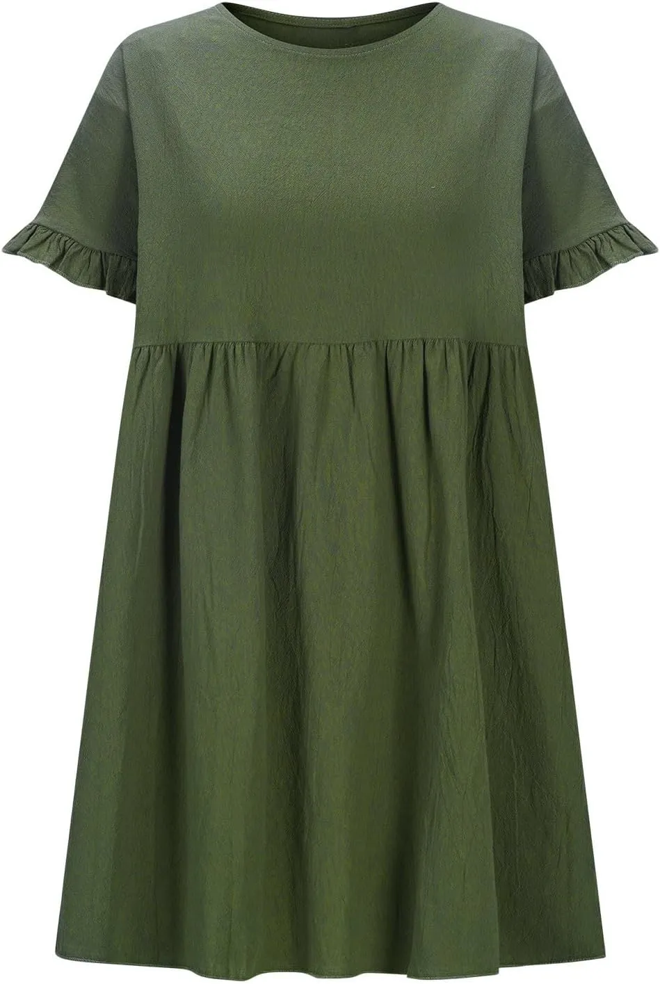 Cotton Linen Dresses for Women Casual Ruffle Sleeve Beach Dress Summer Round Neck A-Line Pleated Sundress