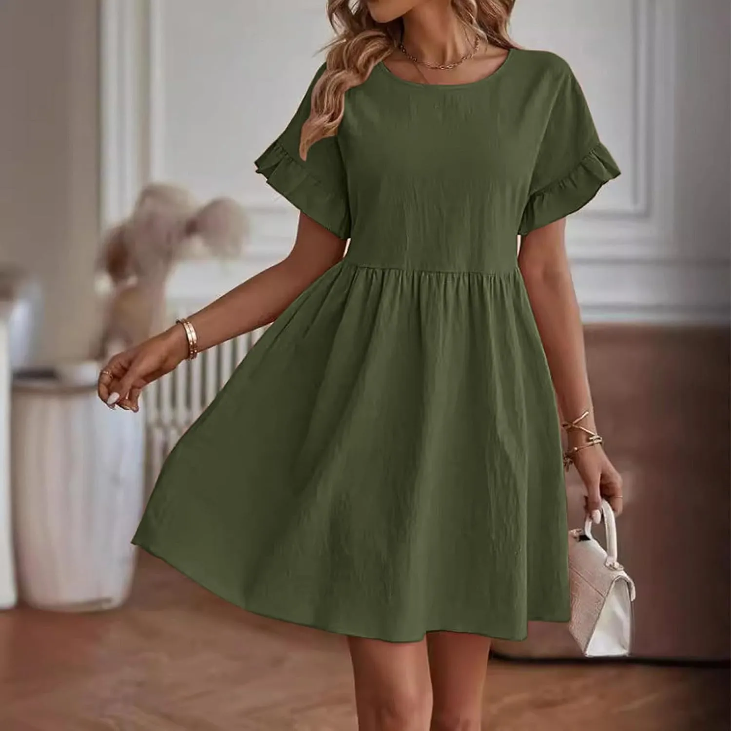 Cotton Linen Dresses for Women Casual Ruffle Sleeve Beach Dress Summer Round Neck A-Line Pleated Sundress
