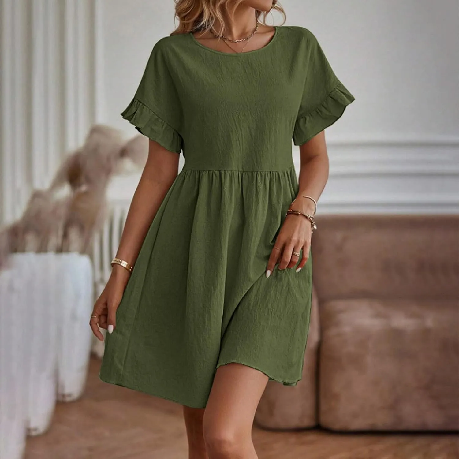 Cotton Linen Dresses for Women Casual Ruffle Sleeve Beach Dress Summer Round Neck A-Line Pleated Sundress