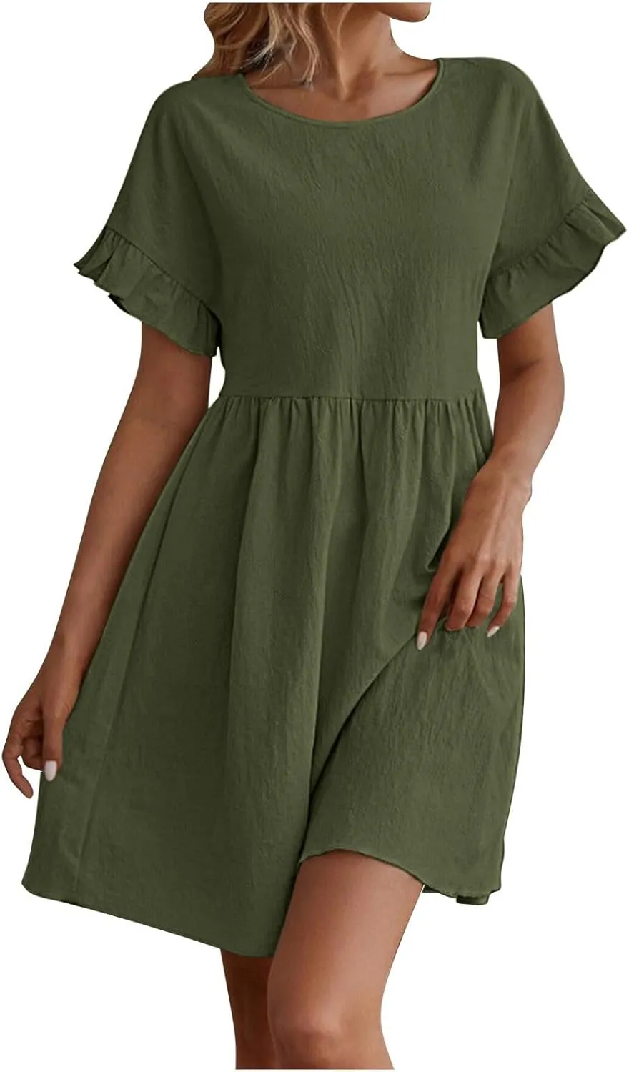 Cotton Linen Dresses for Women Casual Ruffle Sleeve Beach Dress Summer Round Neck A-Line Pleated Sundress