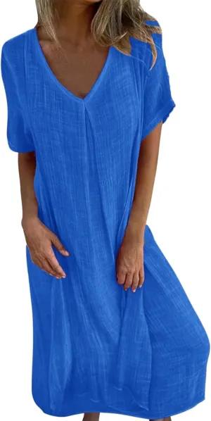 Cotton Linen V-Neck Midi Dress, 2025 Summer Casual Loose Dress Solid Flowy Bohemian Beach Dresses